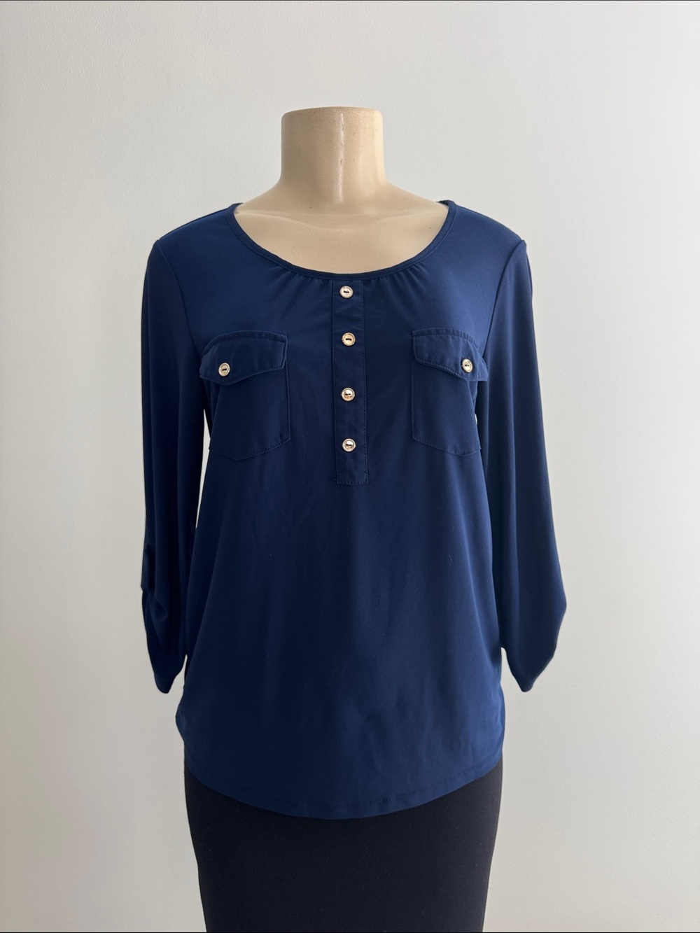 Women's Navy Button-Front Long Sleeve Top